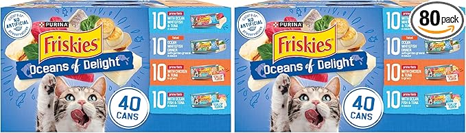 Friskies Purina Wet Cat Food Variety Pack, Oceans of Delight Flaked and Prime Filets - 5.5 oz. Cans (Pack of 80)