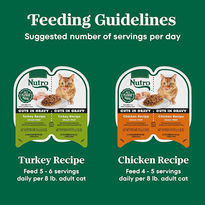 Nutro Perfect Portions Wet Cat Food Gravy Cuts Variety Pack, Cat Food Wet Recipe, Turkey or Chicken Recipe, 2.6 oz. Twin-Pack Trays, 12 Pack