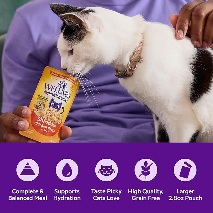 Wellness Appetizing Entrées Flaked Adult Wet Cat Food, Natural, Protein Rich, Grain Free, Tuna and Cod Recipe, 2.8 oz, Pack of 8 Pouches