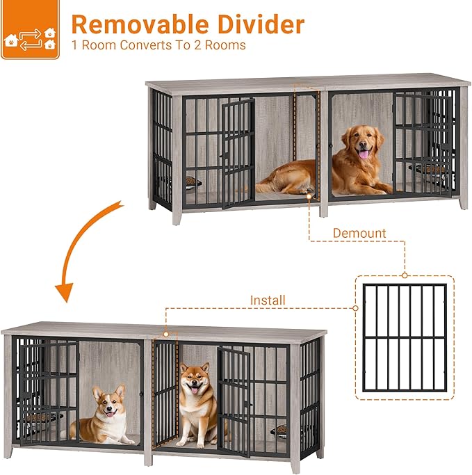 Lulive 78-Inch Extra Large Wooden Dog Crate – Multi-Functional Furniture for Large or Multiple Dogs (Grey)