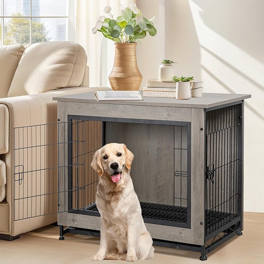Shintenchi Wooden Dog Crate Furniture for Large Breed, L Double-Door Kennel Indoor with Removable Tray, End Table L Dog Crate for Decoration, 44.1" L, Gray