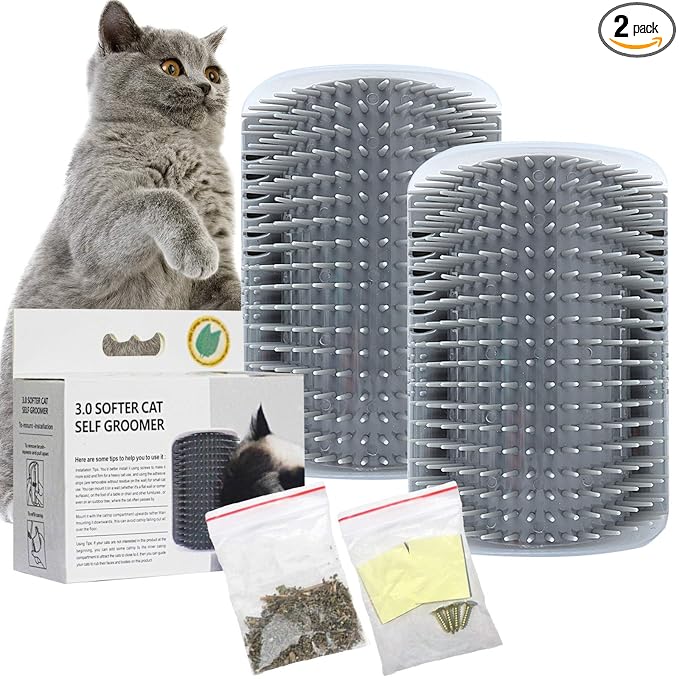 2 PACK Cat Self Grooming Corner Scratcher with Catnip, Massage Comb Brush for Long & Short Fur