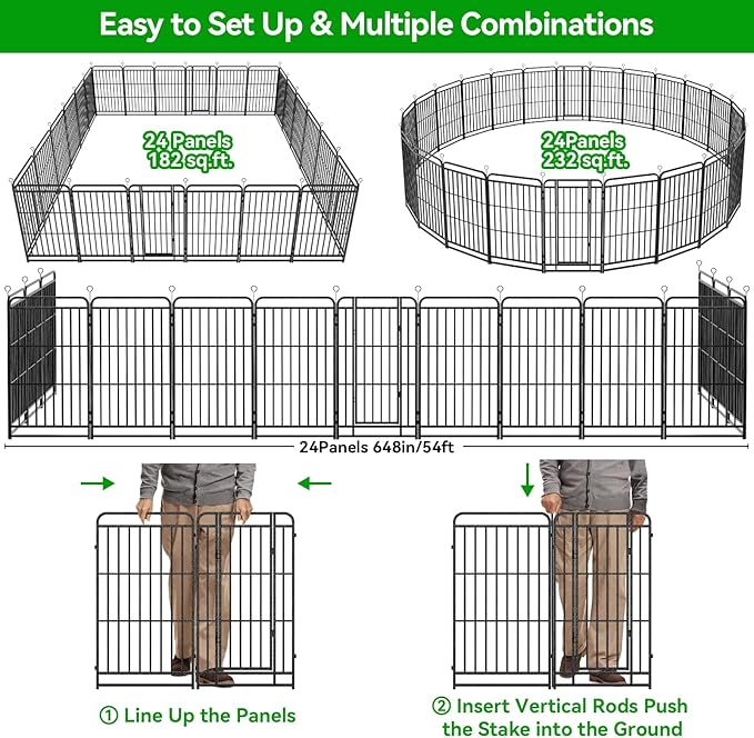 Kfvigoho Heavy Duty Dog Playpen: 24 Steel Panels 40" Height, Square Steel Pipe with Reinforced Crossbars, 54FT 227 Sq.ft Portable Fence for Yard RV Camping, Snowy Black