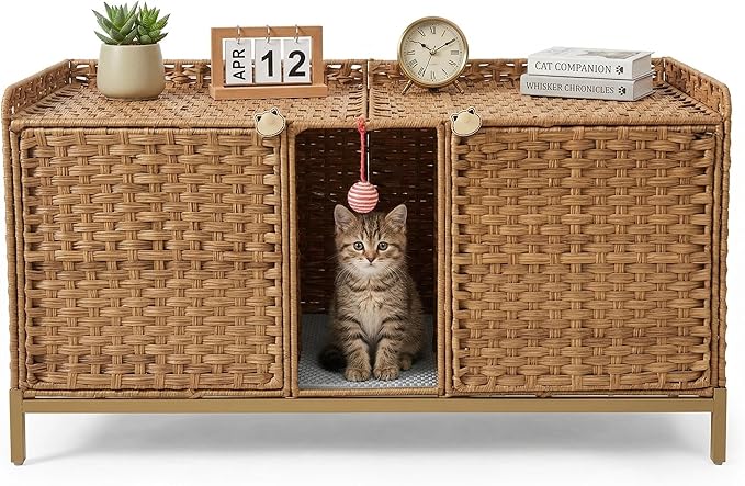 Cat Litter Box Enclosure Furniture, Handwoven Rattan Cat Houses, Hidden Cat Washroom Furniture with Door/Mat, Large Space Cat Houses with S-Shaped Hooks, Living Room, Bedroom, Natural