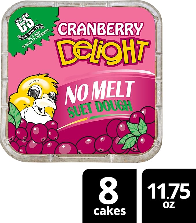C&S Cranberry Delight No Melt Suet Dough, Suet Cakes for Wild Birds Including Robins, Blue Jays, Bluebirds, Tanagers, Thrushes and More, 8 Pack