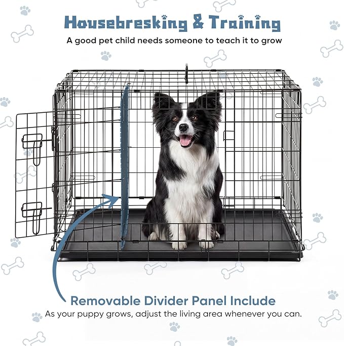 DUMOS Dog Crate, 36 Inch Medium Double Door Dog Cage with Plastic Leak-Proof Pan Tray, Folding Metal Wire Pet Kennel for Indoor, Outdoor, Travel, Black