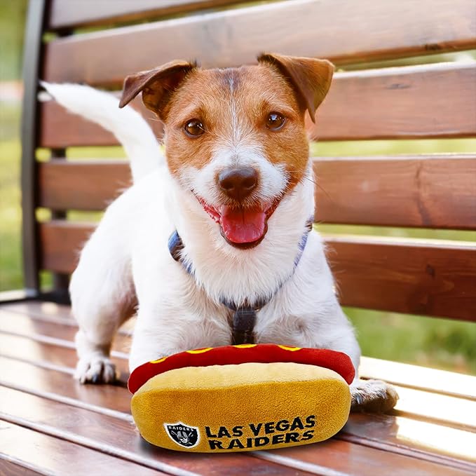 Pets First NFL LAS Vegas Raiders HOT Dog Plush Dog - Cutest HOT-Dog Snack Plush Toy for Dogs & Cats with Inner Squeaker & Beautiful Football Team Name/Logo,Team Color,8 x 5 x 3 Inches,OAK-3354
