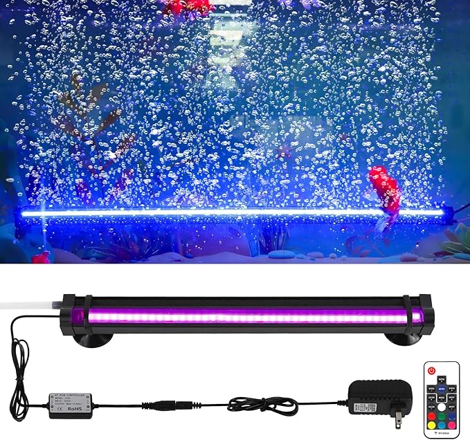 Bubble Fish Tank Light：Ip68 Waterproof Fish Aquarium Lights with Oxygen Boost for 12-17 inch Saltwater Freshwater Tanks -Submersible Led Lights with Remote for Aquatic Pet Plants Lovers