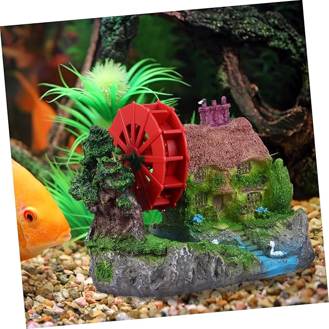 Aquarium Landscape Stone House with Water Wheel Model Unique Fish Tank Decoration for Goldfish and Aquatic Pets Decor for Aquarium Environments