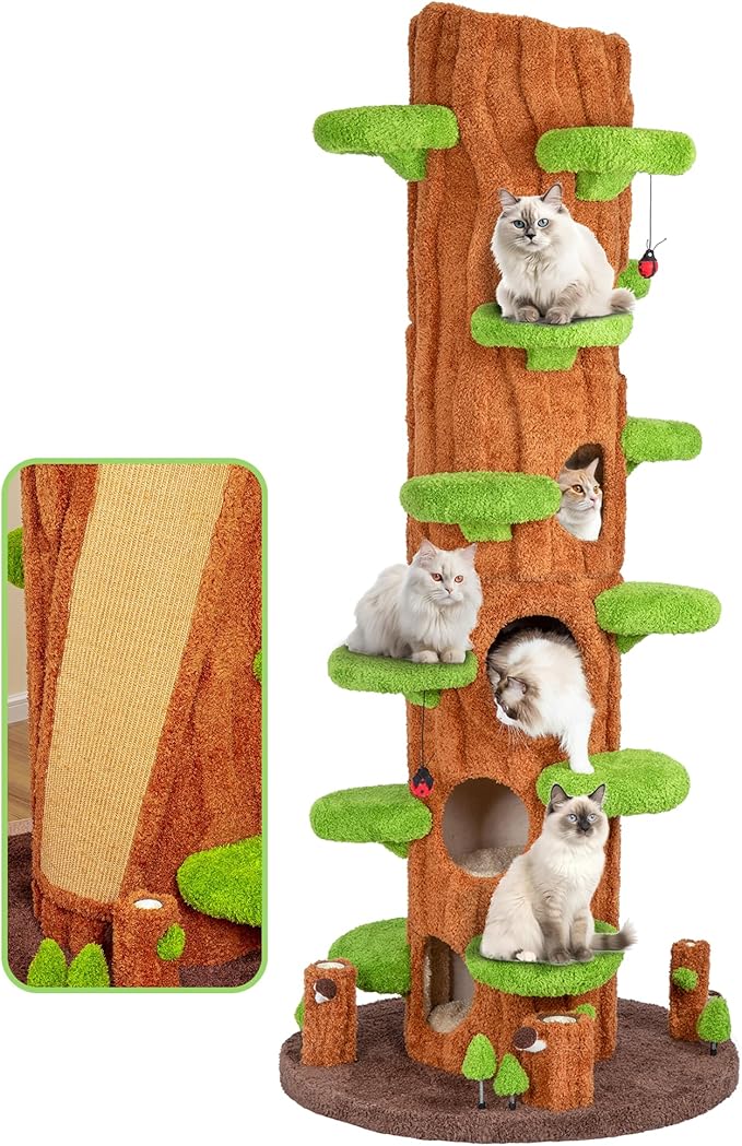 KAMABOKO 90.5" Tall Cat Tree for Indoor Cats, Large Cat Tower with Luxury Cat Condo, Cat Tree Tower with Soft Cushion, Scratching Board, Plush Platform＆ Top Perch, Green