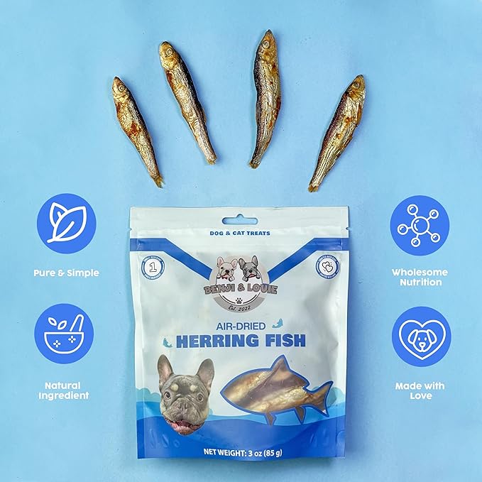 Benji & Louie Air Dried Herring Fish for Dogs and Cats - Natural Healthy Dog and Cat Treats, Single Ingredient, 3 oz