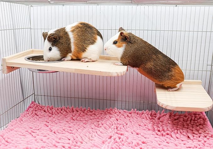 Chinchilla Wooden Platform Set with Feeding Bowl, Wooden Guinea Pig Cage Platform, Small Animals Perch Stand Board, Cage Accessories for Hamster Rats Squirrel Gerbil Birds Parrots Parakeets Guinea Pig