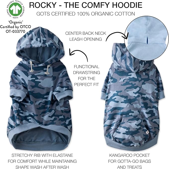 Pet Passion Rocky – The Original Lightweight Hooded Tee 100% Organic Cotton Dog Hoodie Pet Coat Sweater for All Sized Dogs, Navy Camo, XX-Small (4-7 lbs)
