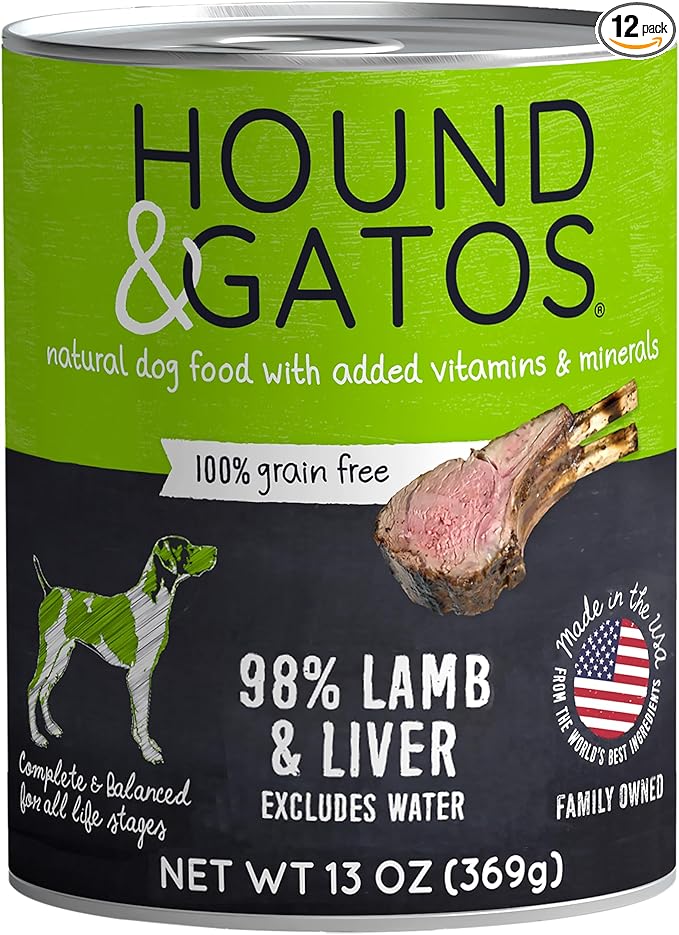 Hound & Gatos Wet Dog Food, 98% Real Meat, Single Protein Lamb Recipe, Supports Digestive Health, High Protein, Limited Ingredients, Grain Free, 13 oz. Cans (Pack of 12)