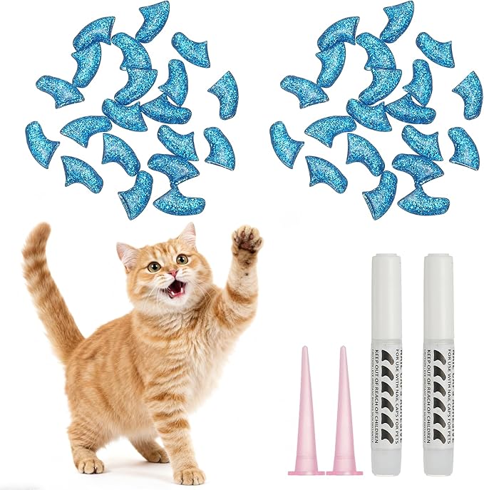 Cat Nail Caps, Cat Claw Covers with Adhesive Glue and Applicators, Kitten Claw Caps Soft Paws, (40 Pcs, XS, Crystal Blue), Intended for Pet Tips/Nail Covers/Control Paws