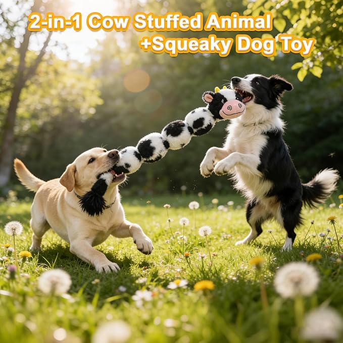 Cow Long Plush Squeaky Dog Toy for Chewers Puppy Teething Chew Toy Cute Soft Funny Durable Stuffed Animal Interactive Tug-of-War Dog Toy for Small Medium Large Dogs Toy Gift 52cm/20.47in