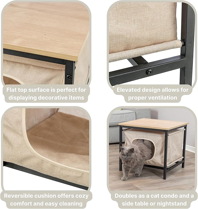 Trixie Emmie Indoor Cat Condo, Cozy Cat House with Metal Frame and Sturdy Fabric and Cozy Cushion for Extra Comfort, Classic Style Design, Natrual/Beige, Use as a Table & Nightstand