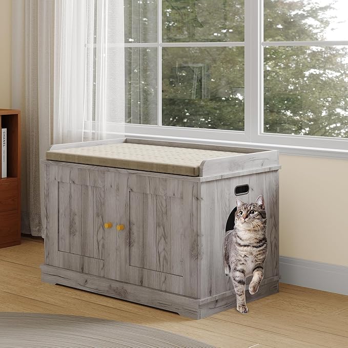 Cat Litter Box Enclosure Furniture with Barn Door & Display Shelf, Wooden Hidden Litter Box Cover, Dog-Proof Design for Multiple Cats, Modern Cat House Furniture to Fit Most Litter Boxes - Grey