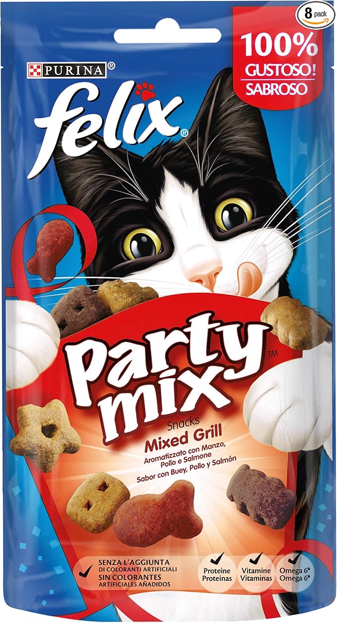 Felix Purina Party Mix Snack Cat Mixed Grill with Beef, Chicken and Salmon, 8 Packs of 60 g