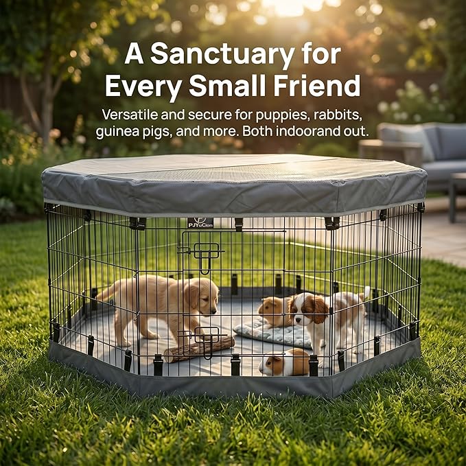 PJYuCien Dog Playpen with Top Cover and Bottom Pad - Metal Foldable Exercise Pen, 8 Panels 30" H x 24" W Indoor Outdoor Pet Fence Puppy Crate Kennel, Gray