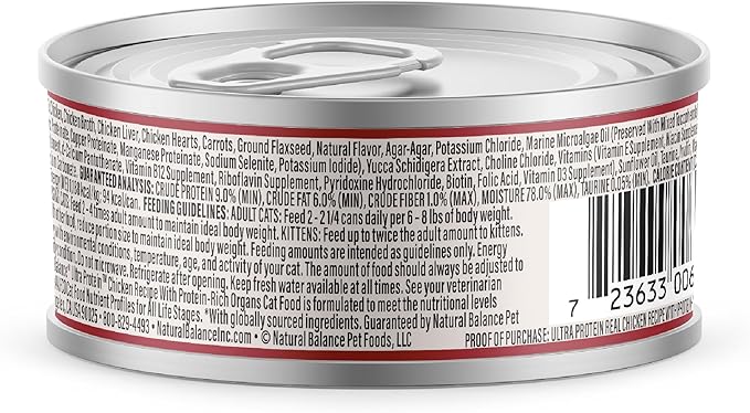 Natural Balance Ultra Protein Wet Cat Food Pate, Real Chicken Recipe with Protein-Rich Organs for Cats, Pate Cat Food with High Protein - 2.8 oz. (Pack of 24)
