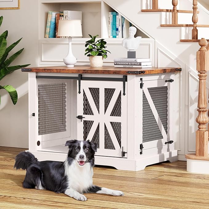 VOPEAK 40" Farmhouse Dog Crate Furniture, Heavy Duty Dog Crate for Medium Large Dogs, Wood Dog Cage Dog Kennel Indoor with Double Doors, Chew Resistant End Table for Bedroom Living Room, White