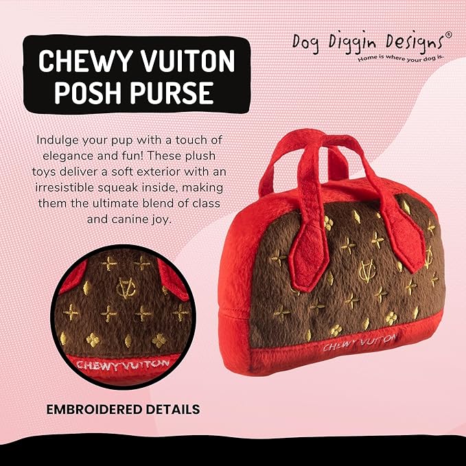 Dog Diggin Designs Chewy Vuiton Posh Purse Plush Dog Toy | Luxury-Inspired Parody Designer Handbag with Squeaker, Soft Plush Fashion Dog Toy – Haute Couture Purses & Handbags
