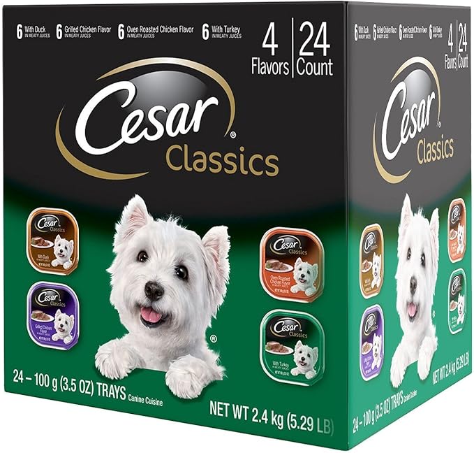 Cesar Classic Loaf in Sauce Adult Wet Dog Food with Duck, Oven Roasted Chicken, Grilled Chicken, and Turkey Recipes, 3.5 oz. Easy Peel Trays, Variety Pack (24 Count, Pack of 1)