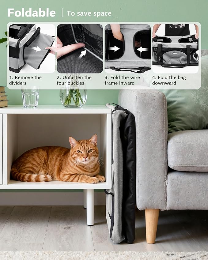 Pecute Dual Compartment Pet Carrier for Multi-Cat Families & Small Dog Owners, Collapsible Dog Crate with Reinforced Steel Frame, Car Safety Design for Travel, Vet Visits & Home Use, Gray