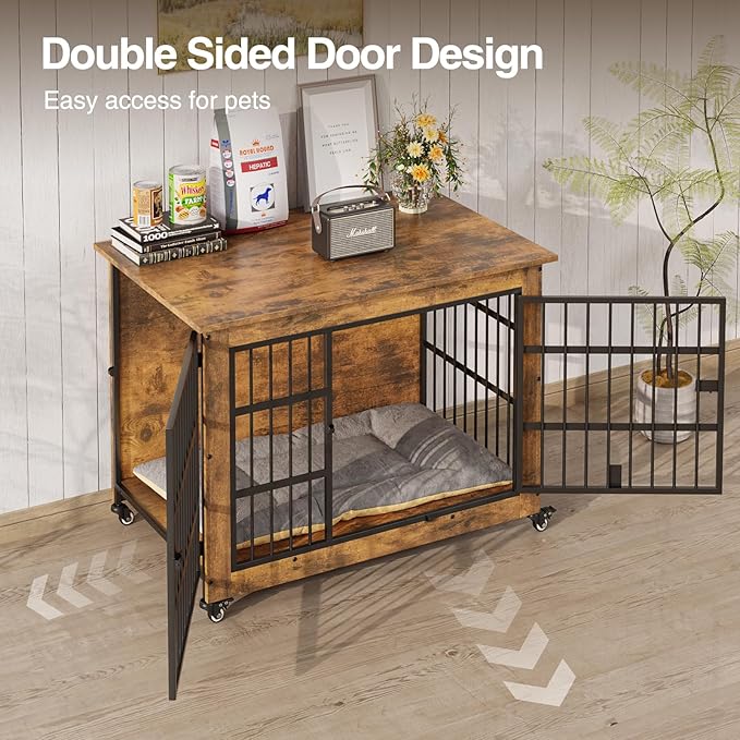 Halitaa 38.5" Dog Crate Furniture with Cushion and Wheels, Wooden Dog Kennel Indoor for Medium/Large Dogs, Farmhouse Pet Cage for Anxiety Dog, Rustic Brown (38.5" L x 25.5" W x 29" H)