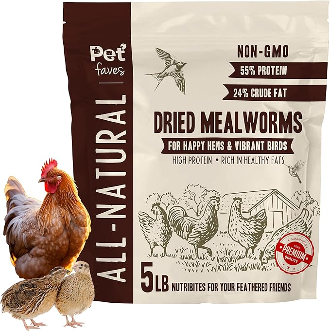 Pet Faves Dried Mealworms for Chickens, Birds, Hamster, Reptile and Turtle - Premium Non-GMO Treats with 55% Protein for Laying Hens - Organic Food for Wild Bird, Bluebirds, Robins, Cardinals. 5 Lb