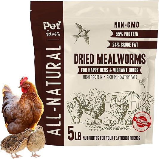 Pet Faves Dried Mealworms for Chickens, Birds, Hamster, Reptile and Turtle - Premium Non-GMO Treats with 55% Protein for Laying Hens - Organic Food for Wild Bird, Bluebirds, Robins, Cardinals. 5 Lb