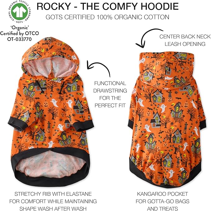 Pet Passion Rocky – The Original Lightweight Hooded Tee 100% Organic Cotton Dog Hoodie Pet Coat Sweater for All Sized Dogs, Spooky, X-Small (5-12 lbs)
