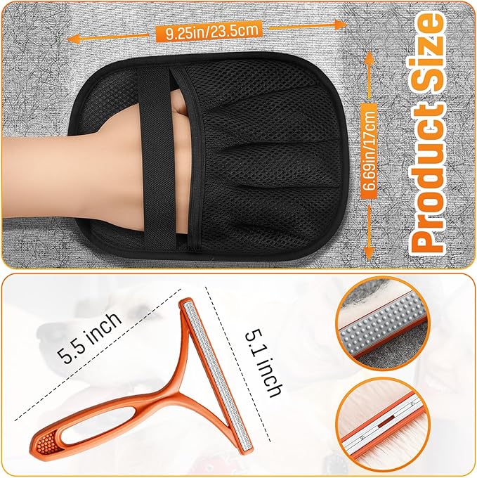 Large Pet Hair Removal Gloves for Cats (3pcs) Electrostatic Magic Brush for Clothes, Beds, Sofa, Carpets | Reuseable | Thickened Newly Upgraded | Fur Remover Mitt for Dogs, 2 Gloves + 1 Lint Scraper