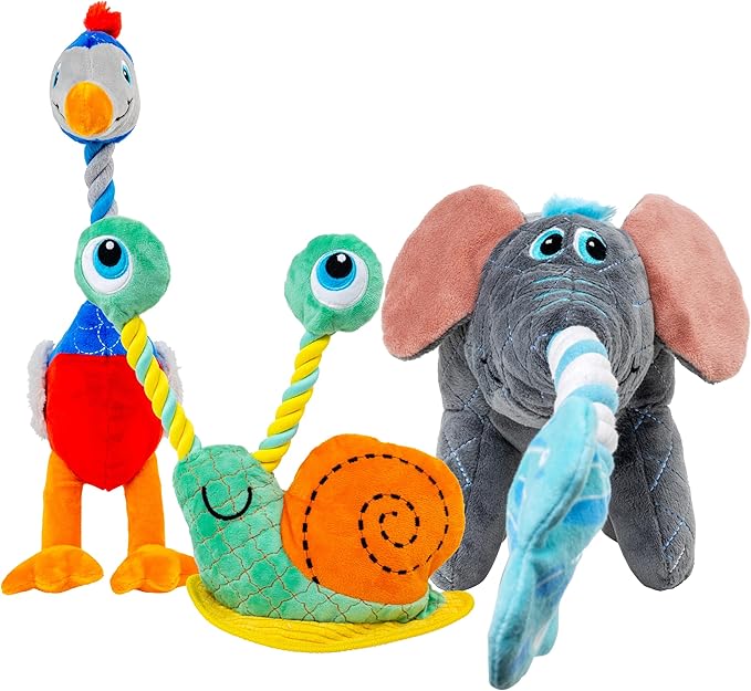 KONG Bendeez Dog Toy – Durable Plush with Rope, Flexible Twistable Design, Squeaker for Interactive Play, Large Size for All Dogs (Bird/Elephant/Snail)