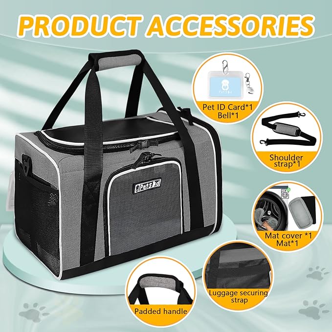 Petskd Pet Carrier 18x11x11 Delta American United Airline Approved, Pet Travel Carrier Bag for Small Cats and Dogs, Cat Soft Sided Carrier with Safety Lock Zippers, 5-Sided Breathable Mesh(Grey)