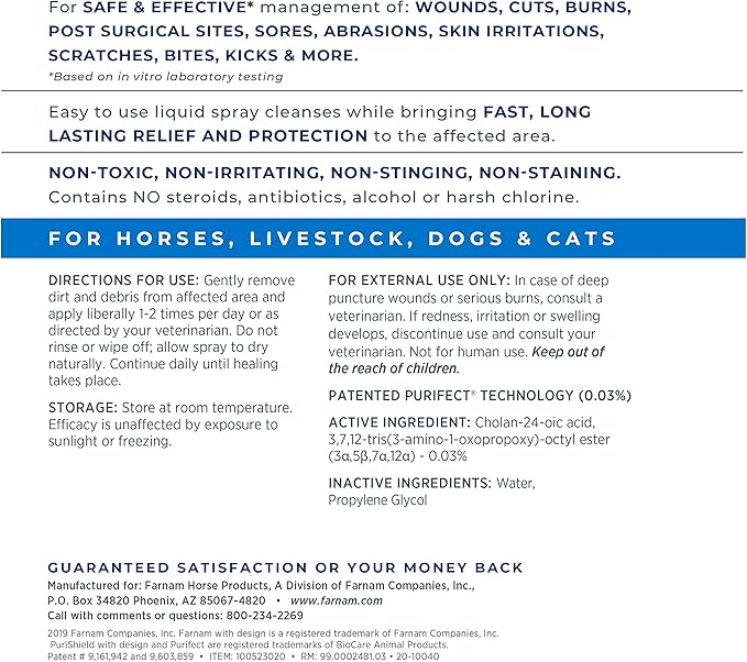 Farnam Purishield Wound & Skin Fast Acting Spray, All-purpose cleaner with 24 hour protection promotes healing and skin repair for horses, dogs, cats and livestock, 16 Ounces