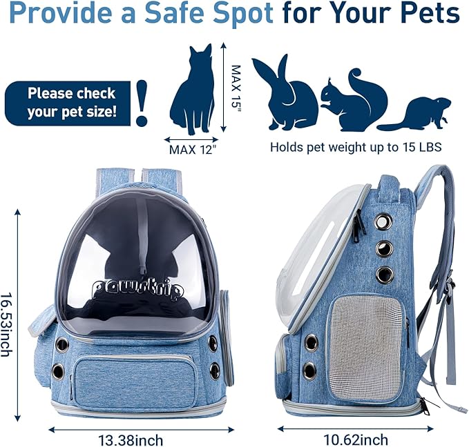 Cat Backpack Carrier with Large Space Bubble Window, Airline Approved Breathable Pet Carrier for Small Dogs Cats up to 15lbs, Foldable for Travel Hiking & Outdoor Use