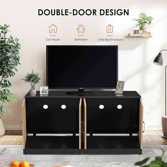 Double Room Litter Box Enclosure For 2 Cats, 47.2" Large Wood Hidden Litter Box Furniture For 2 Boxes with Sisal Doors and Sliding Drawers, Indoor Cat House TV Stand Black