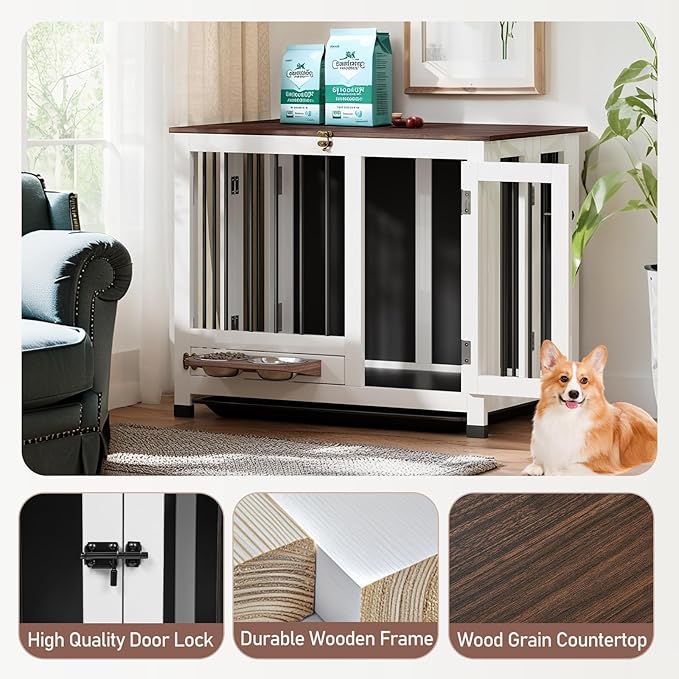 Dog Crate - 31.5" Wooden Dog Kennel Furniture with 360° Rotating Feeder & Removable Tray | Multi-Functional End Table for Medium & Small Dogs, White Dog Cage Indoor, Portable Pet Furniture