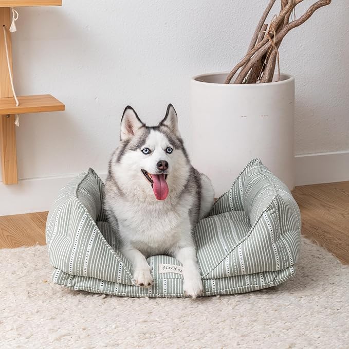 Fringe Studio Block Stripe Dusty SAGE 30" W x 23" D x 9.5" H Medium Mase Modern Cuddler Pet Bed, 100% Cotton Canvas Exterior w/Overfilled Bolster, Machine Washable, PetShop Collection (752001)