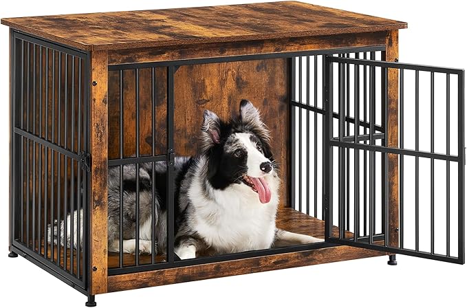 Feandrea 38.6" Dog Crate Furniture, Heavy-Duty Dog Cage Side End Table, XL Pet Wood Kennel for Large and Medium Dogs up to 70 lb with Enclosed Base, Double-Door Pet House, Rustic Brown