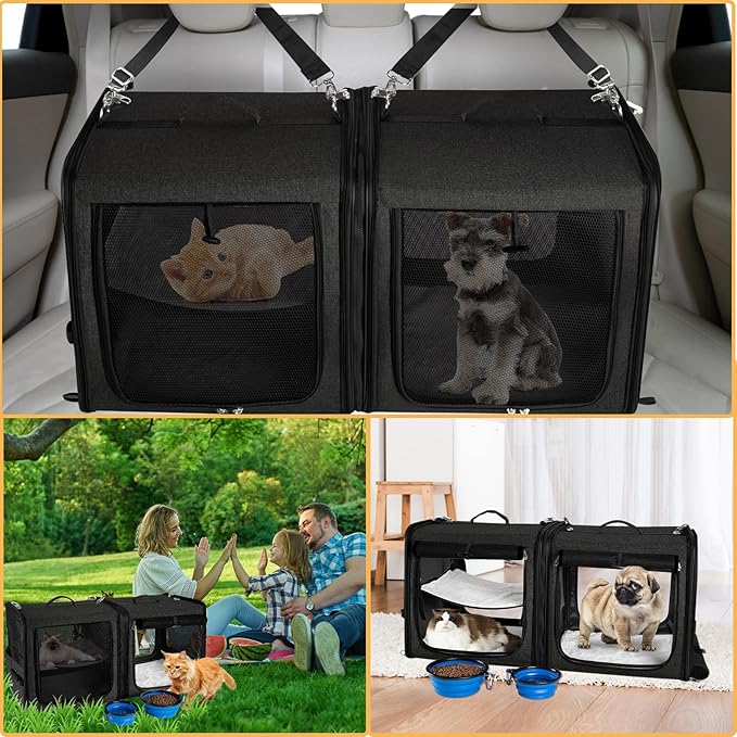 Large Cat Carrier for 2 Cats with Zipper Locks, Double Cat Carrier with Travel Litter Box, Soft Pet Travel Carrier for Cats and Small Dogs Up to 45 Lbs, Black