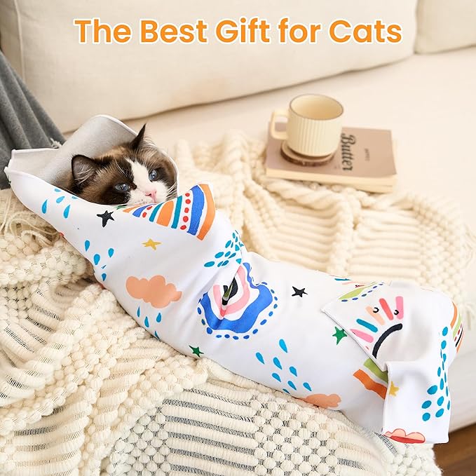 17.7'' Cat Grooming Wrap for Cutting Nails Self-Adhesive Soft Polyester Fabric Swaddle Wrap for Cats Anti-Scratch Anti-Escape Restraint for Nail Clipping Pet Cleaning and Beauty (Rainbow,M)