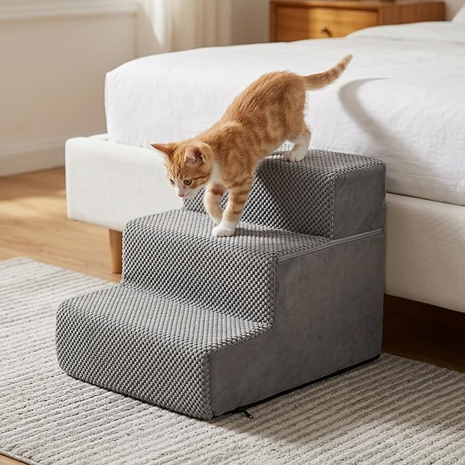 HealSmart Dog Stairs for Small Dogs, 3-Step Design Pet Steps for Puppies and Senior Cats, Versatile Indoor Pet Ramp Suitable for Sofa Couch and Chair, Non-Slip High-Density Foam Pet Ladder, Gray