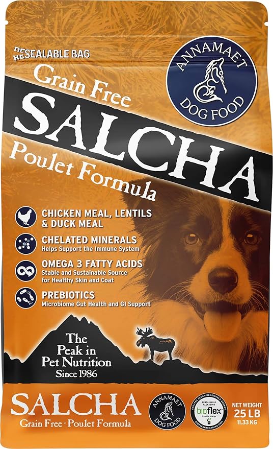 Annamaet Grain-Free Salcha Poulet Formula Dry Dog Food, (Chicken & Duck), 25-lb Bag, Brown