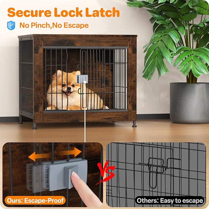 Escape Proof Decorative Dog Crate Furniture with Wooden Top, 27in Furniture Style End Table and Secure Indoor Kennel, Anti Anxiety for All Breeds, Aged Black