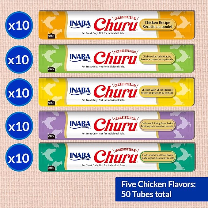 INABA Churu Cat Treats, Lickable, Squeezable Creamy Purée Cat Treat with Green Tea Extract & Taurine, 0.5 Ounces Each Tube, 50 Tubes, Chicken Variety