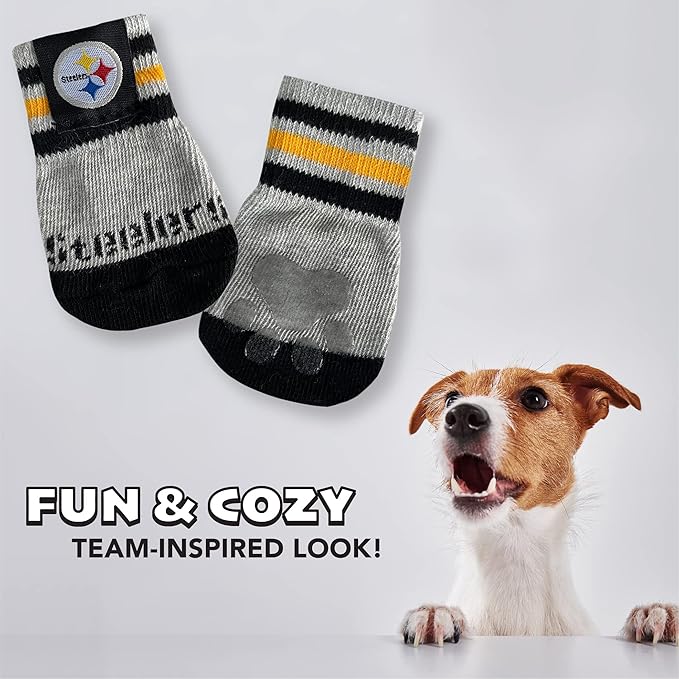 NFL Pittsburgh Steelers Anti Slip Dog Socks with Elastic Ribbed Top, Size Medium/Large. Indoor/Outdoor Socks, Best Dog Paw Protector, 2 Pairs, Cool Puppy Supplies with NFL Logo of Steelers Team