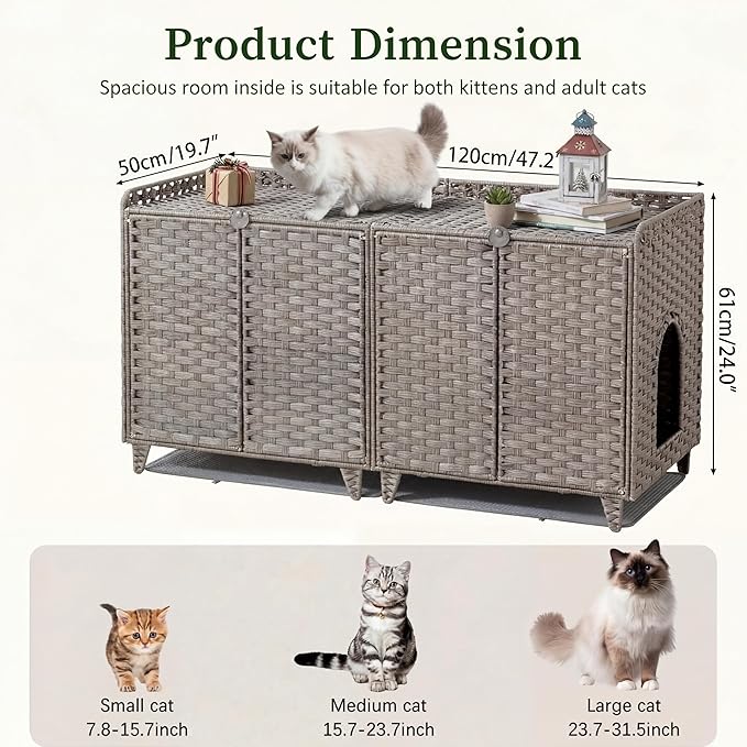 GarveeLife Cat Litter Box Enclosure Furniture, Handwoven Rattan Cat House, Hidden Cat Washroom Furniture with Door/Mat, Large Space Cat House with s-Shaped Hooks, Living Room, Bedroom